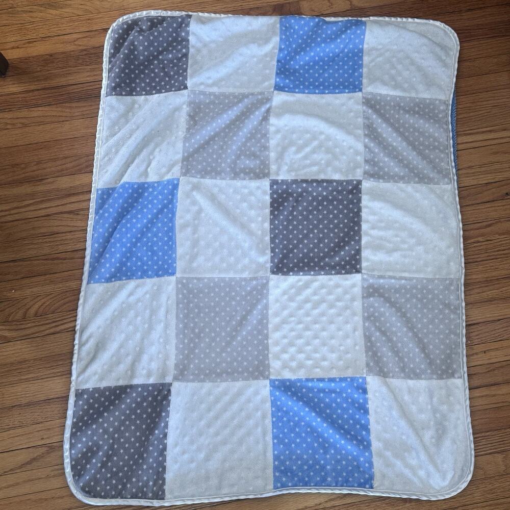 Just Born Baby Blanket Patchwork Blue White Stars Minky Dot Sherpa